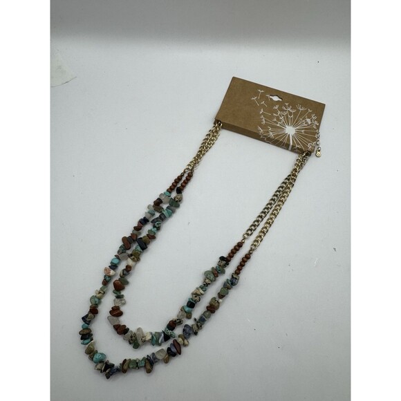 Boho Natural Stone Chip Necklace NEW Double Strand Gold Tone Turquoise Jadeite - Picture 9 of 10